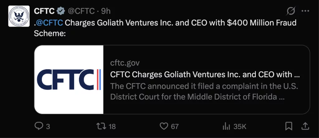 Goliath Ventures faces U.S. actions, source: CFTC/X