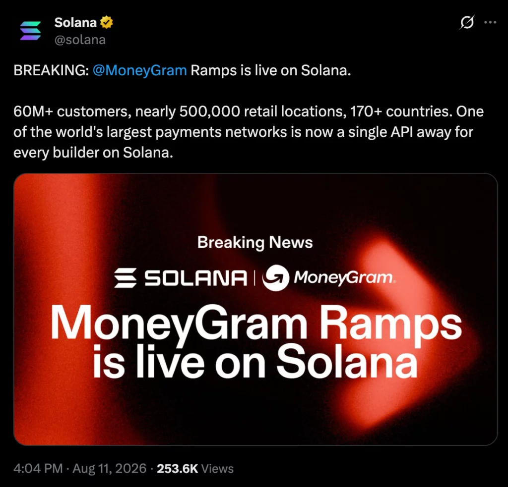 MoneyGram Ramps is live on Solana, source: Solana/X