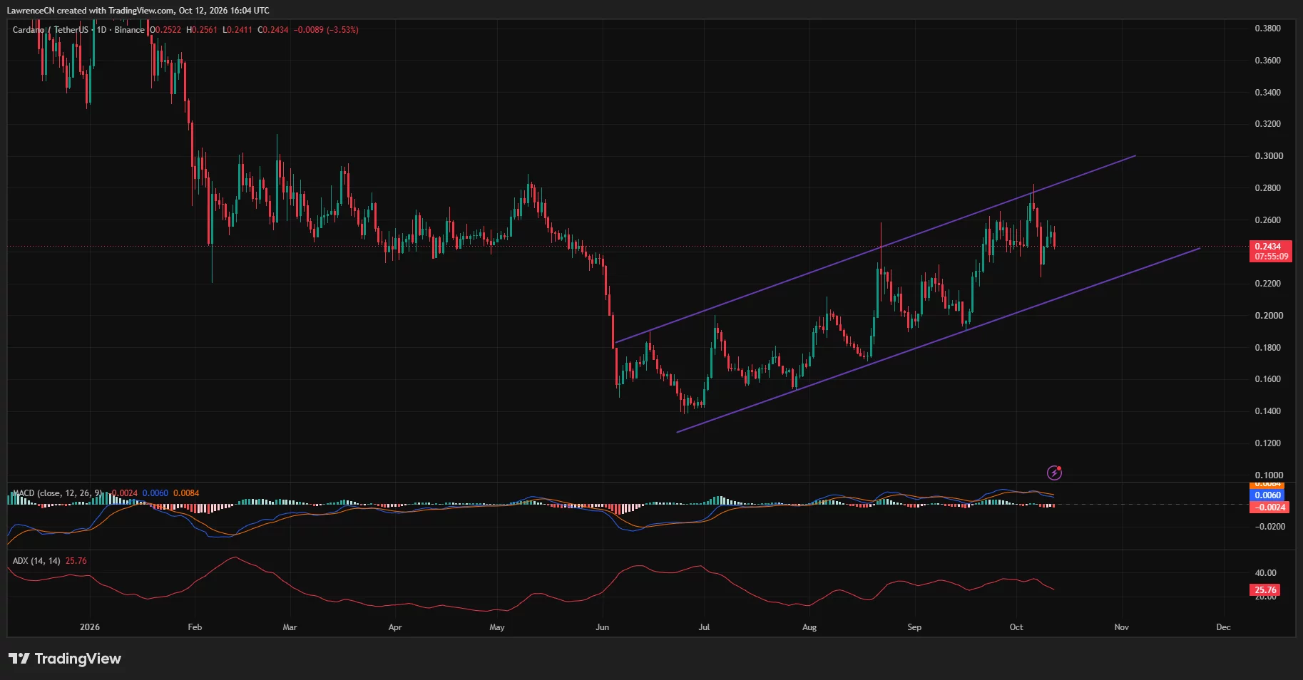 Cardano daily chart showing ADA near $0.2434 within a rising channel, with a negative MACD histogram and ADX at 25.76.