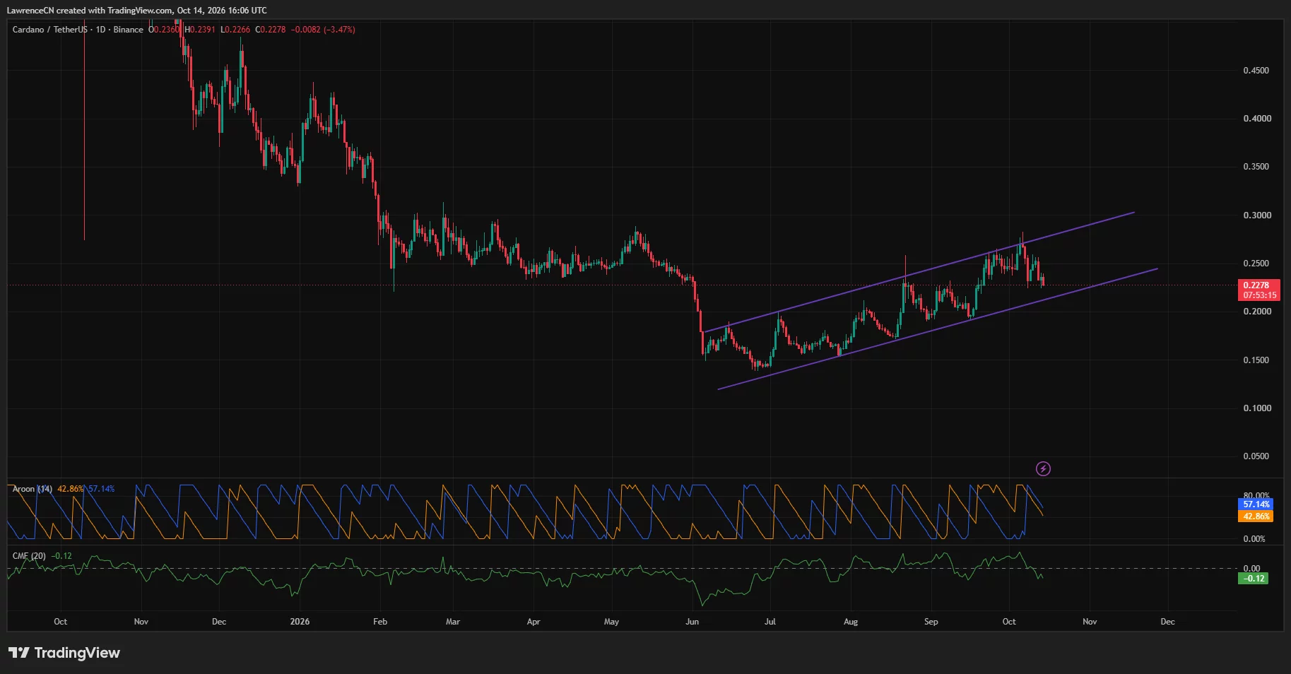Cardano trades near $0.228 within a rising channel, with Chaikin Money Flow negative at −0.12.
